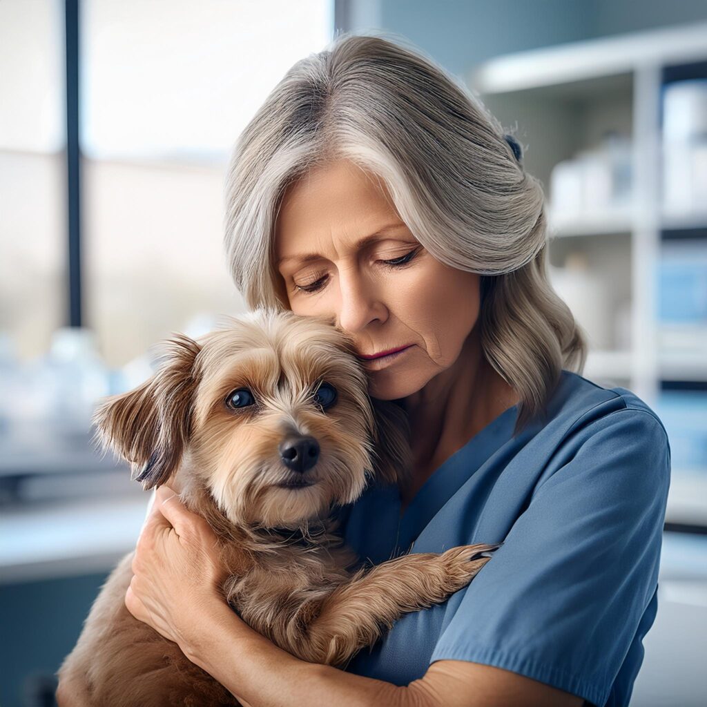 a lady with grey hair comforting a small terrier type dog